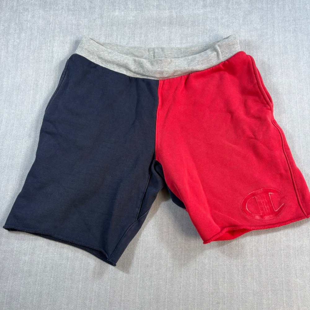 Champion Shorts Mens Large Red Navy Reverse Weave Colorblock SweatShorts Cut Off